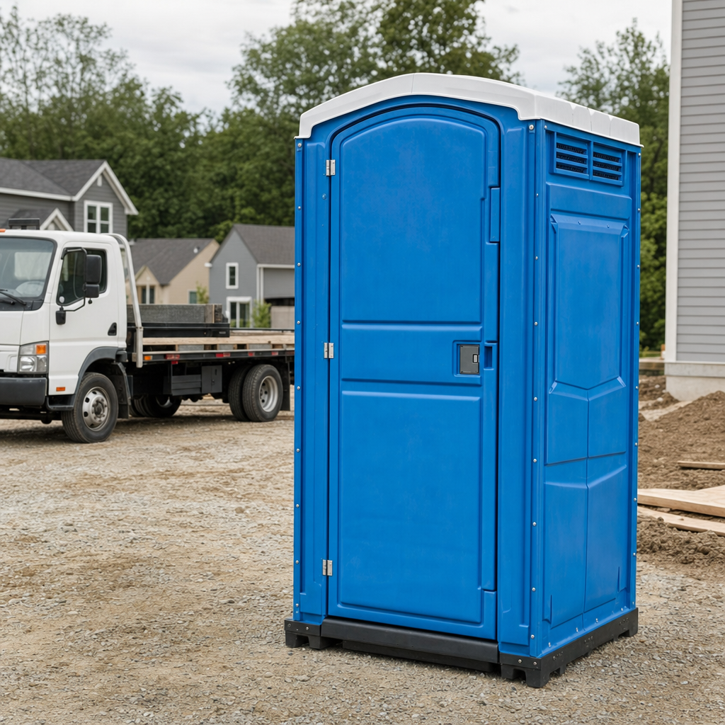 Delivery driver positioning a clean royal-blue portable toilet on level ground at a Tallahassee worksite