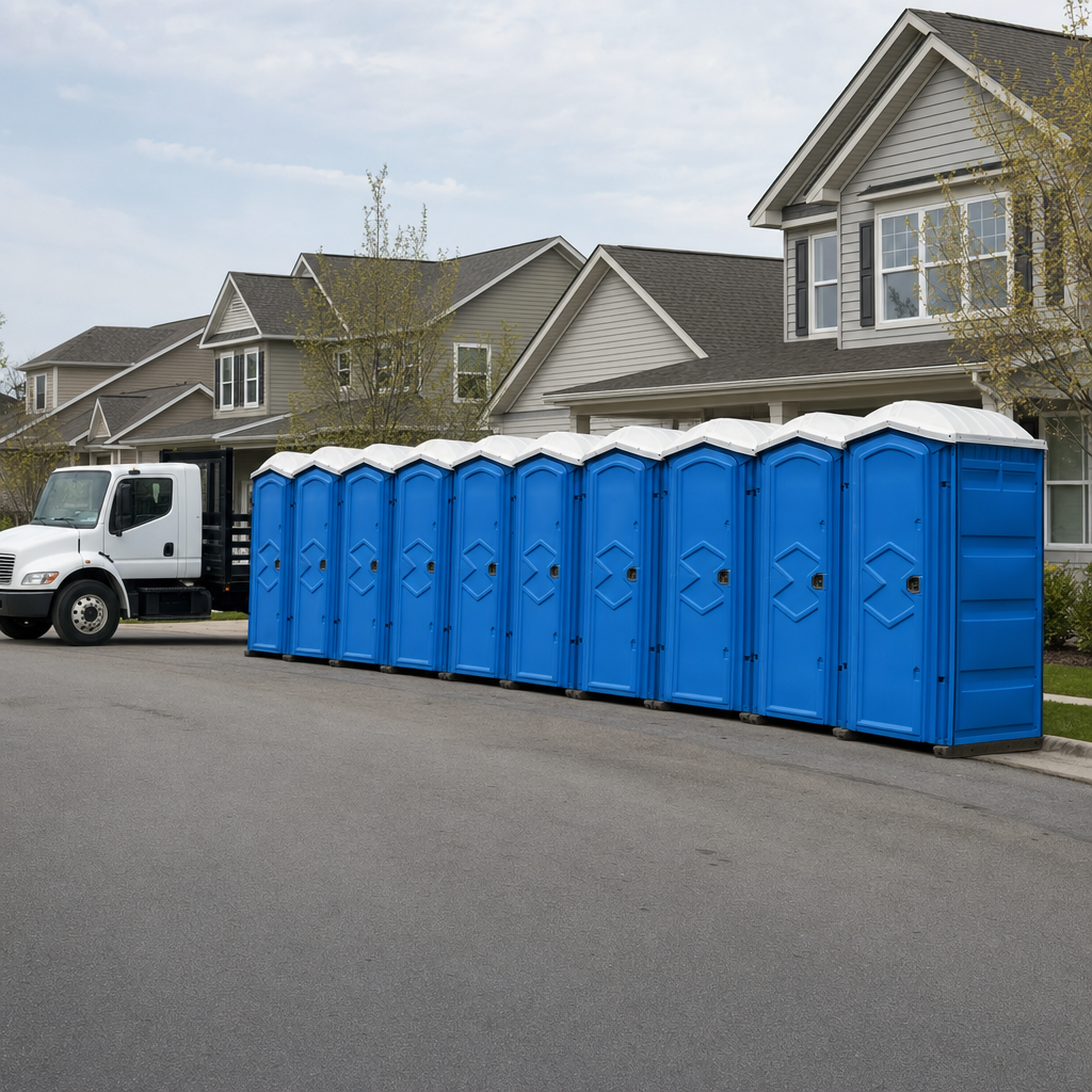 Royal blue portable toilets staged in a tidy row at a Tallahassee jobsite, ready for delivery