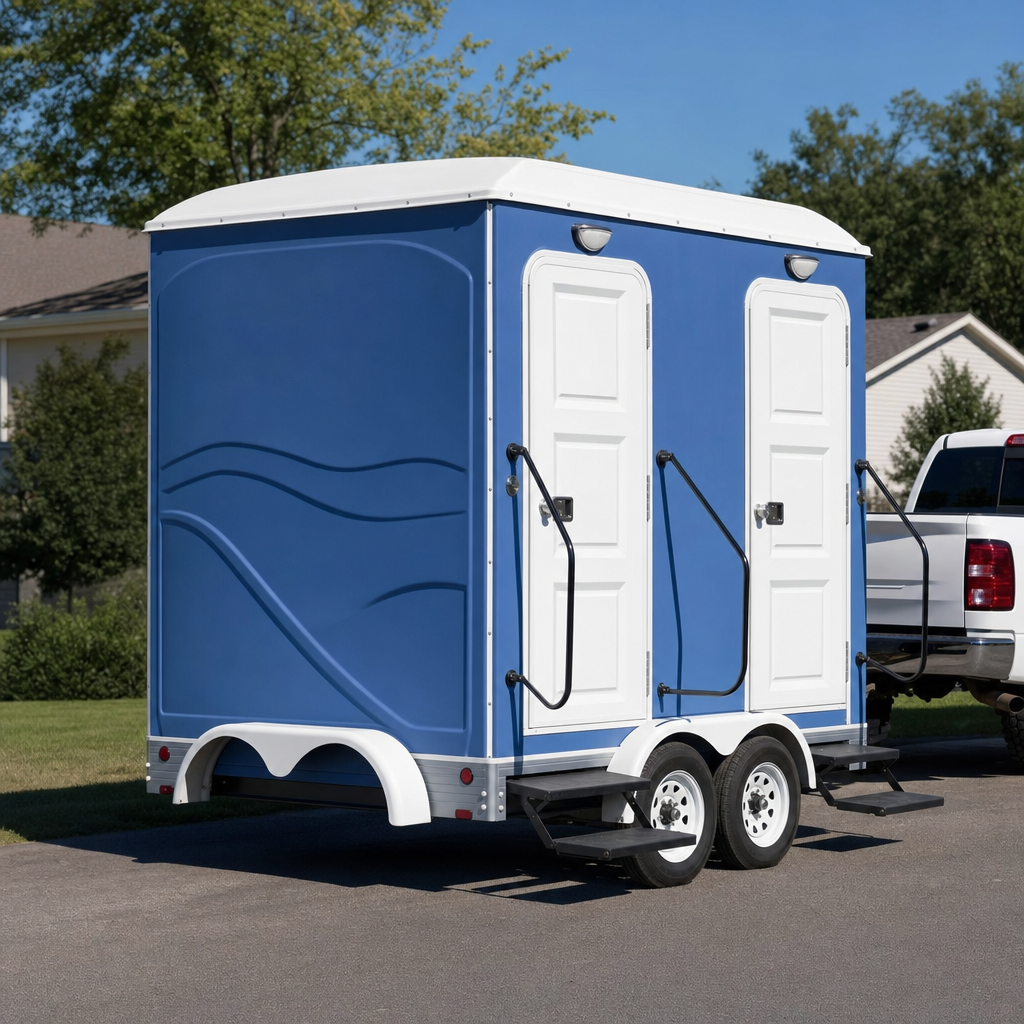 Two-stall white restroom trailer parked level on a paved lot in daylight